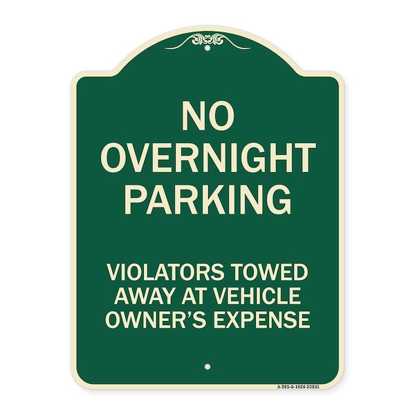 Signmission No Overnight Parking Violators Towed Away Vehicle Owners Expense Alum, 18" L, 24" H, G-1824-23831 A-DES-G-1824-23831 - main